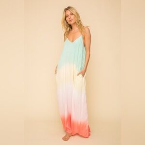 Hem and thread Rainbow Color Block V-Neck Maxi Dress
